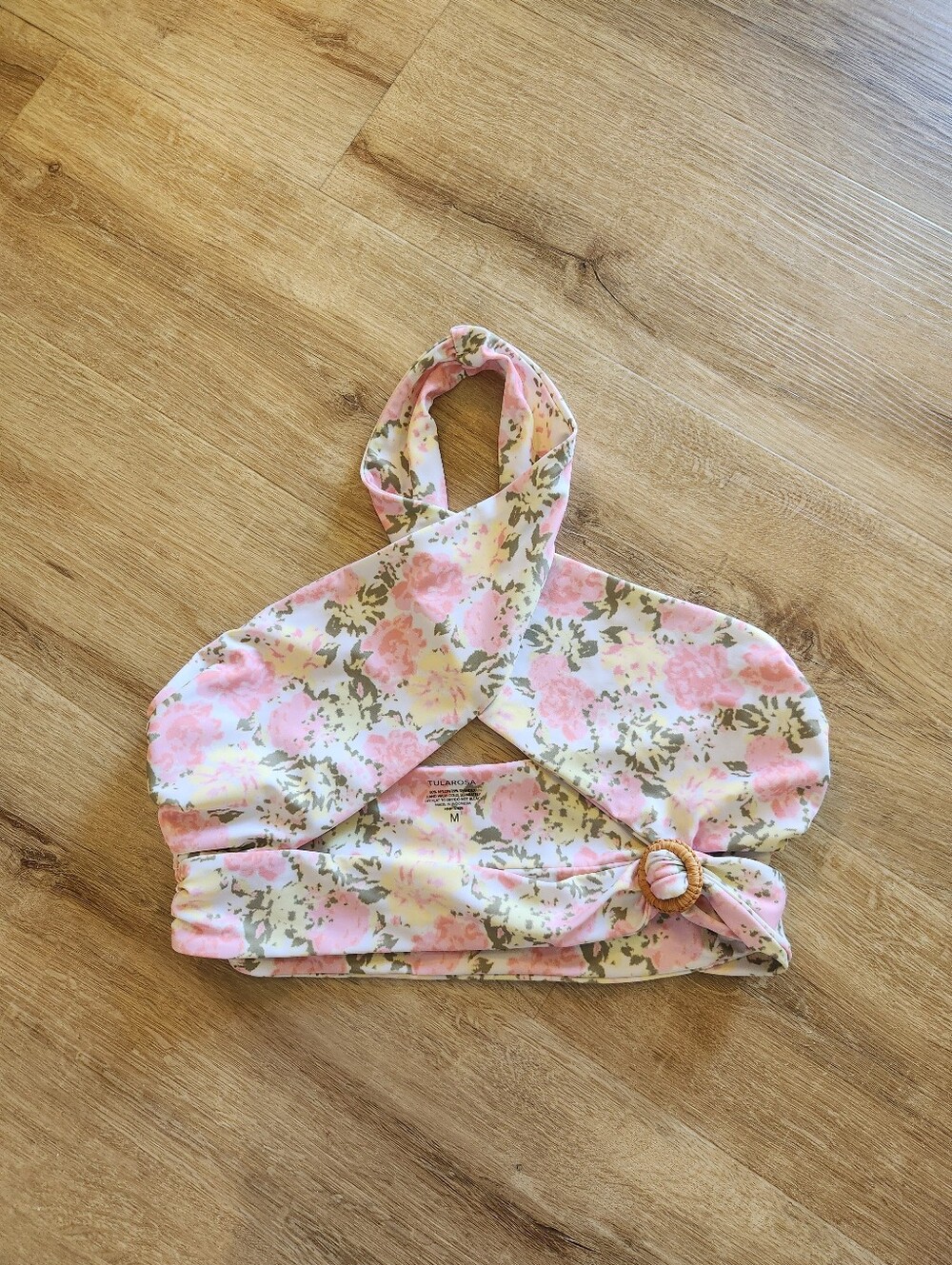 Tularosa Pink & Yellow Blurred Floral Mirian Halter Swim Bikini Top Size Medium